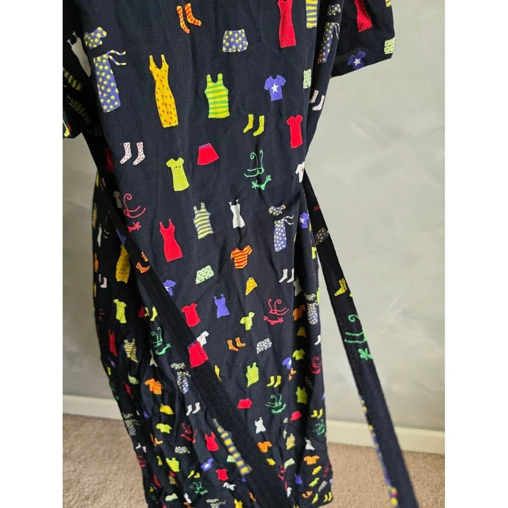 Vtg 90s David Dart Black Button Up Novelty Print Multicolor Dress Sz L Collar